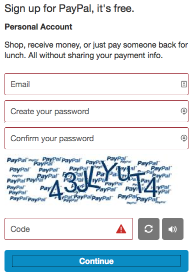 Screenshot of a PayPal form correctly utilizing color (red) to indicate form errors.