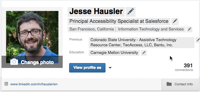 Screenshot of a LinkedIn profile banner after the user has hovered over the card. The hover state displays every field that can be edited by the user. In this state every field has a gray background and a pencil icon alongside it.