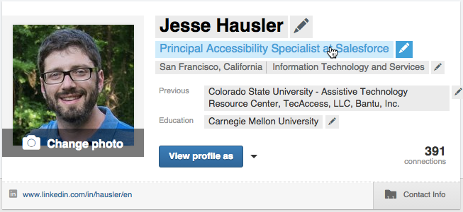 Screenshot of a LinkedIn profile banner with the user hovering over his job title. In this state the text field has a blue text color and a lighter blue background color.
