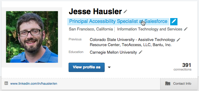 Screenshot of the LinkedIn profile banner in a hovered state with smaller pencils as icons. The user has hovered over his job title.