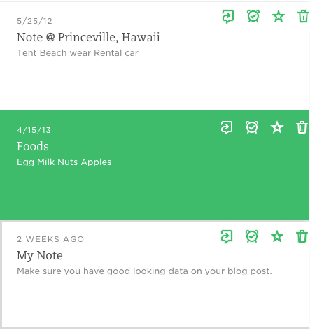 Screenshot of a list view from Evernote. Icons are always visible despite the state.