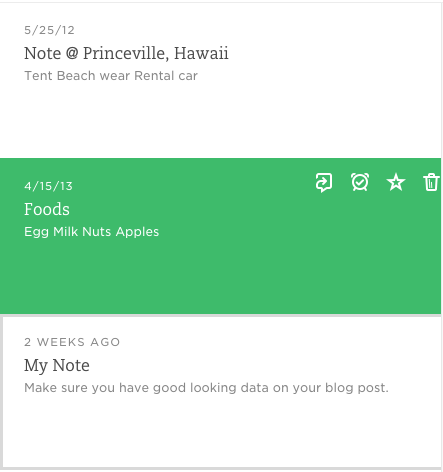 Screenshot of a list view from Evernote. Icons only becoming visible after the user has hovered over a note.