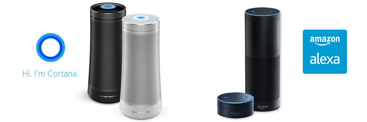 Cortana and Alexa devices with their logos
