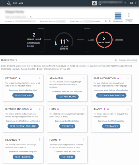 ScreenShot Showcasing the axe Beta features and the guided testing modules