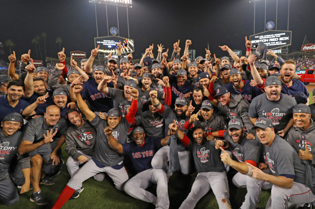 Boston Red Sox pose for a team picture after winning the 2018 World Series
